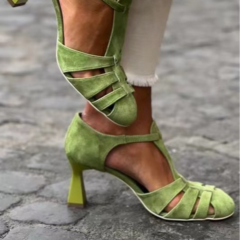 Spaghetti Strap Dress - Women's Green Suede Kitten Heel T-Strap