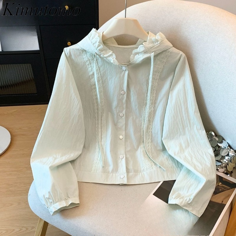 Women'S Y2K Fashion Aesthetic - Kimutomo Women Shirts Lace Patchwork Hoodes