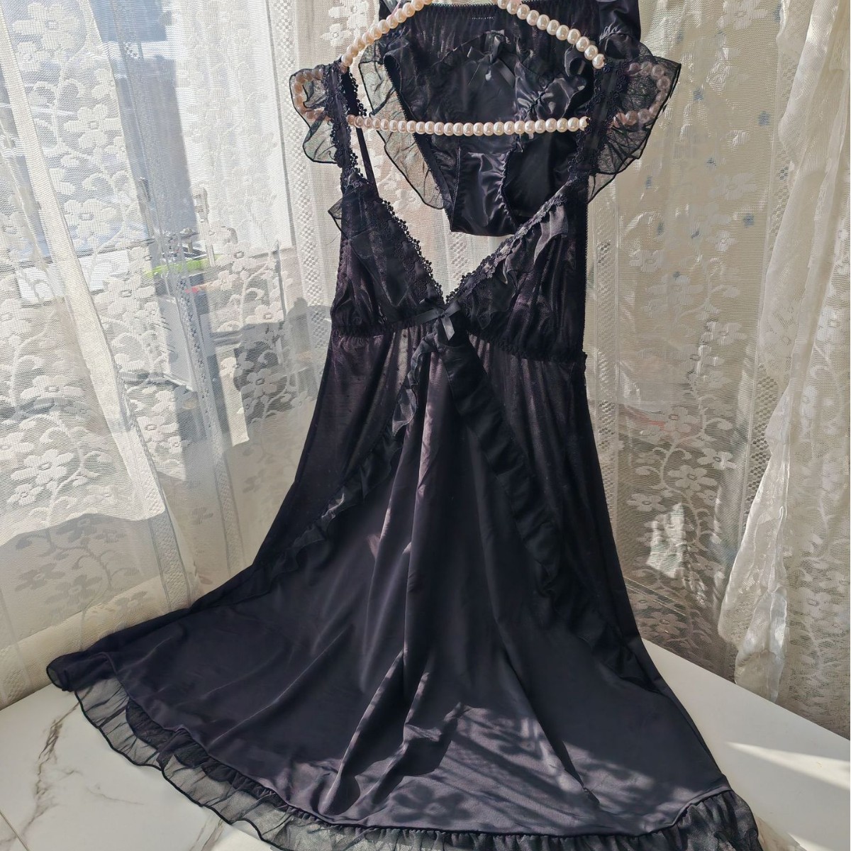 Spaghetti Strap Dress - Women Black Ice Silk Nightgown Set