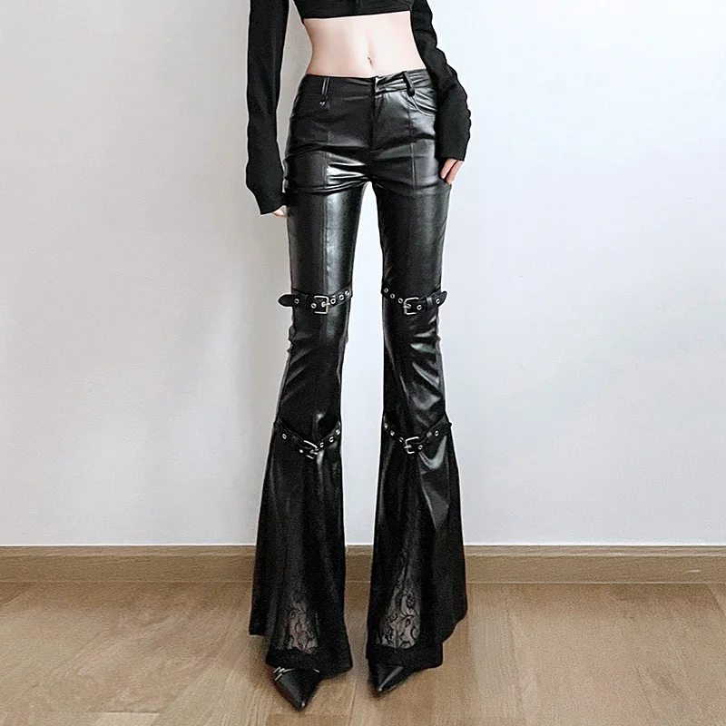 Women'S Y2K Fashion Aesthetic - Women's PU Leather Flare Pants, Gothic