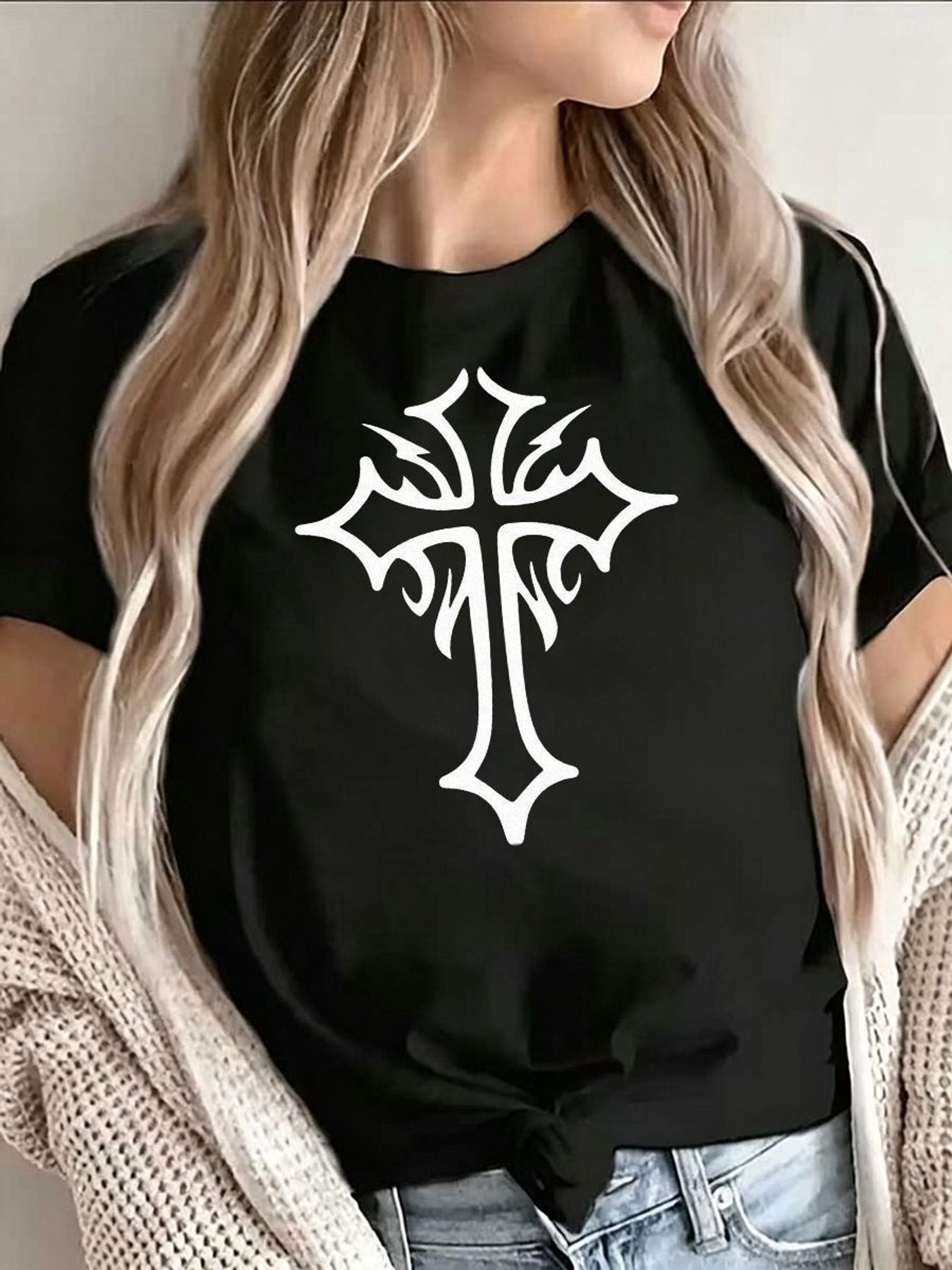 Gothic Cross Graphic T Shirt W - Women'S Y2K Fashion Aesthetic ulasan dan harga