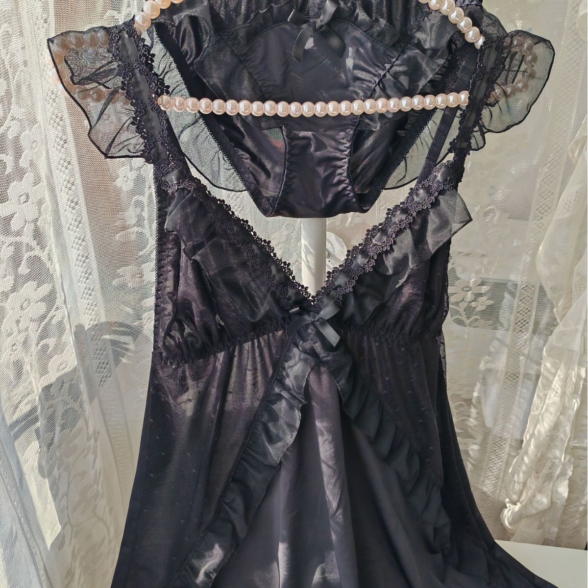 Women Black Ice Silk Nightgown - Spaghetti Strap Dress ulasan dan harga