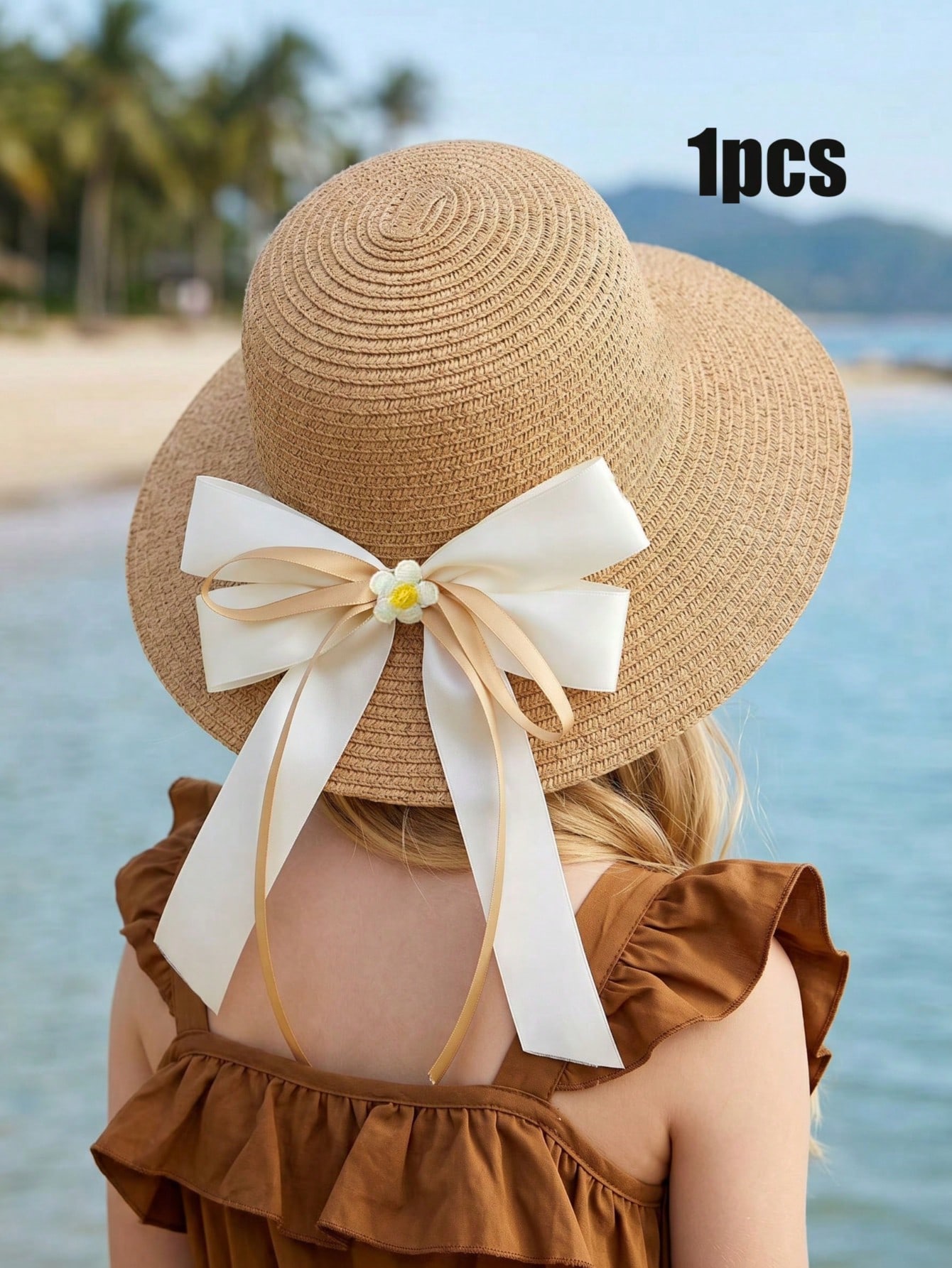 1Pc 3-8Y Girls Coffee Bow Stra - Straw Hat Summer ulasan dan harga