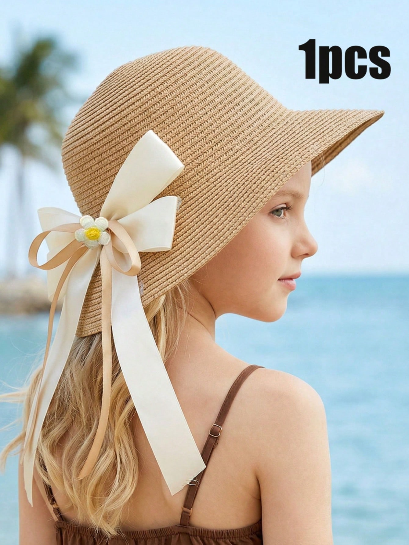 1Pc 3-8Y Girls Coffee Bow Stra - Straw Hat Summer ulasan dan harga